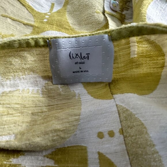 Chalet et ceci Womens Button-Back Blouse Large Linen/Cotton Circle Print Yellow - Picture 3 of 7